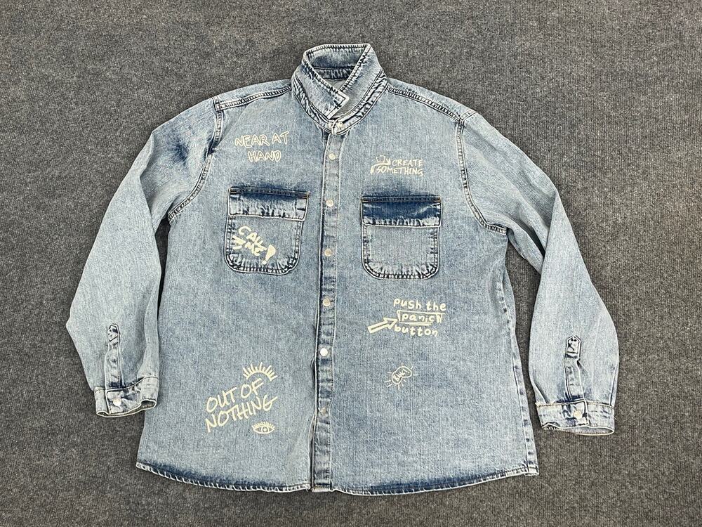 LC Waikiki Mens Shirt XL Button Up Denim Jacket Snap Blue Printed Cotton N124